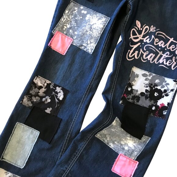 Upcycled Patchwork Flared Jeans: Size 14, Boho Hippie Sweater Weather Pants - Picture 4 of 9